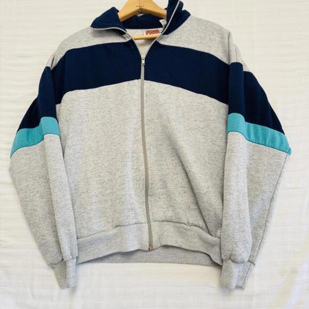 Vtg 80s Main Event Men M‎ Gray Navy Teal Colorblock Sweatshirt Sportcore Retro